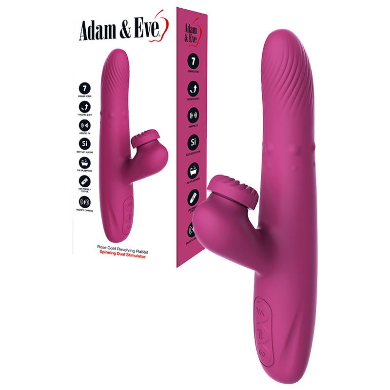 Adam & Eve Rose Gold Revolving Rabbit Vibrator, a silicone rabbit-style vibrator with external stimulator arm